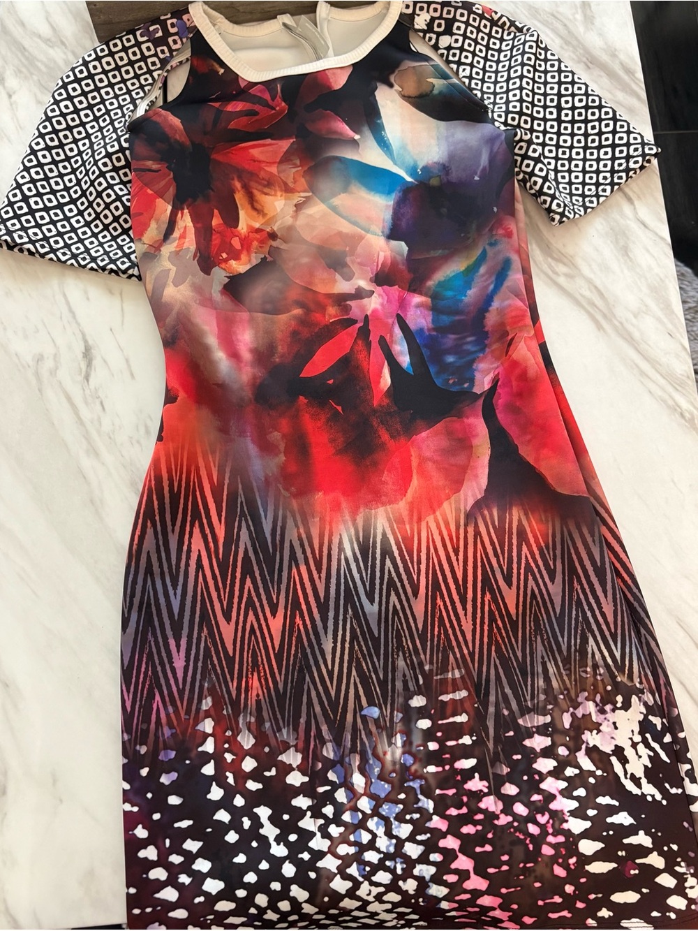 Vibrant Floral & Geo Pattern Short Sleeve Scuba Dress